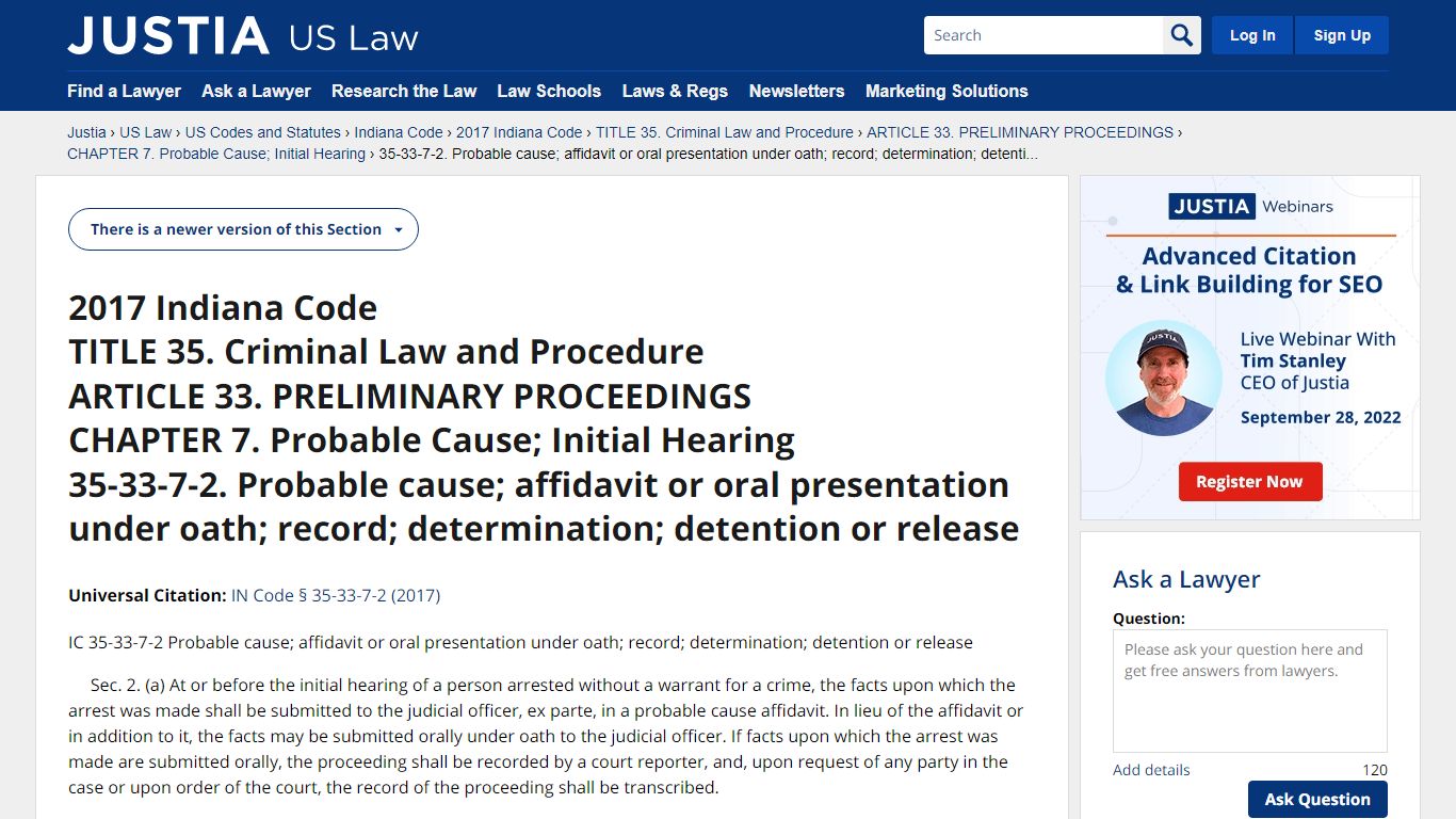 Indiana Code § 35-33-7-2. Probable cause; affidavit or oral ...